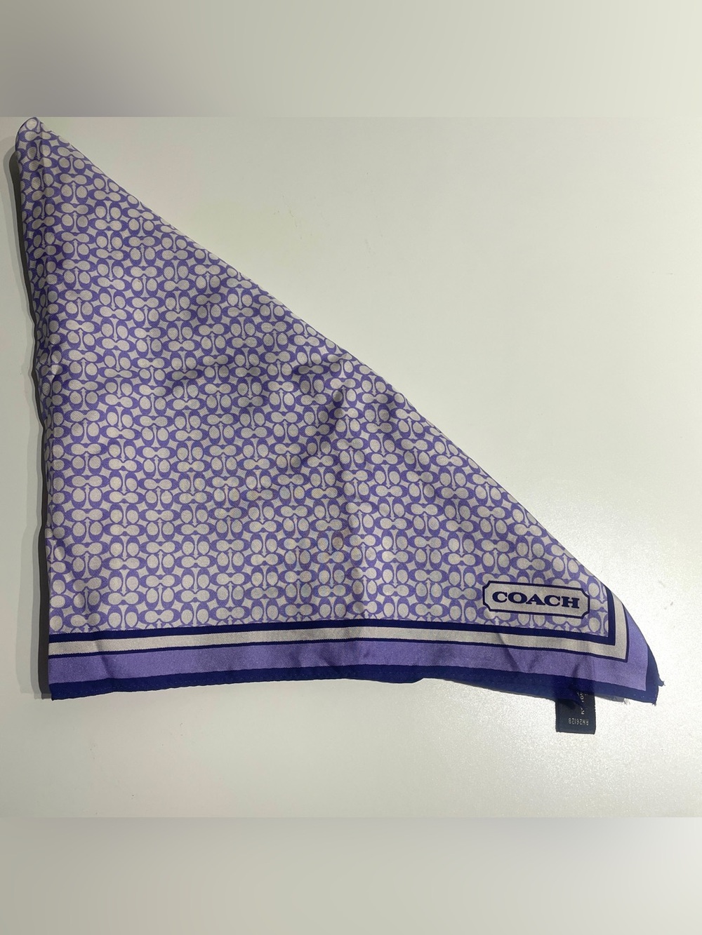 Coach Monogram Lavender and White Signature Silk Scarf with Purple Trim 21”x20”